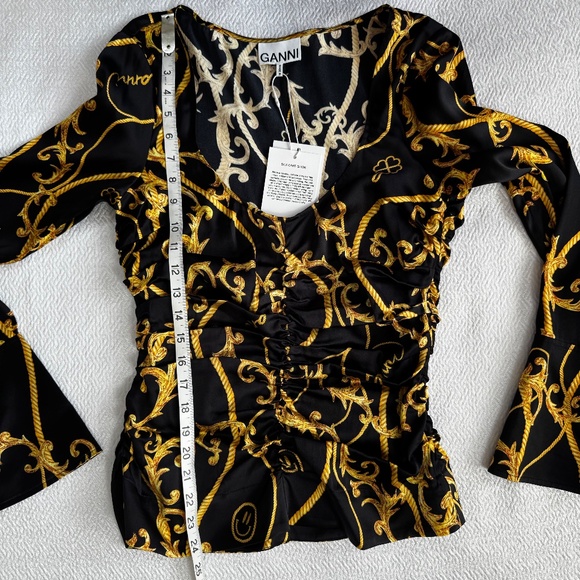 NWT Ganni Silk Stretch Blouse U-neck Gathered Fitted Black & Gold Baroque - Picture 12 of 16